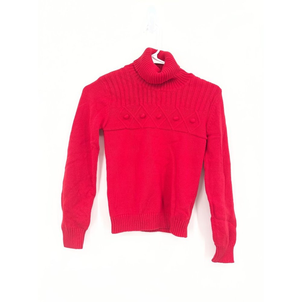 Basic Editions Red Knit Turtleneck Sweater Girls Size L(10/12) Pom-Pom Accents